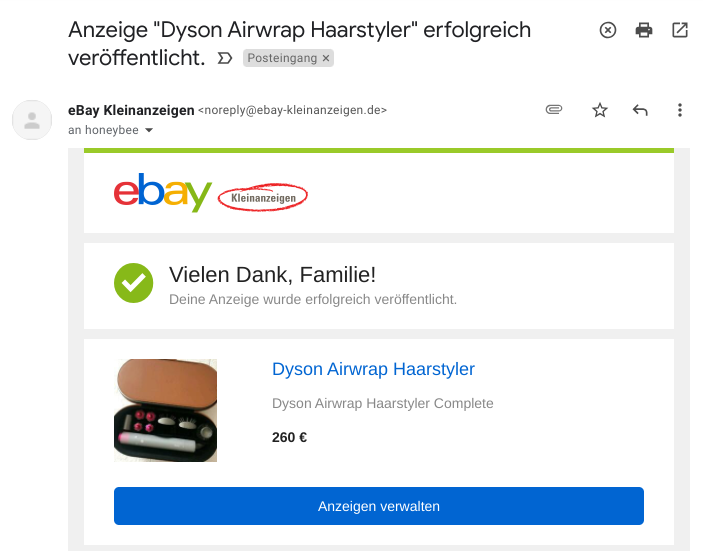 eBay Kleinanzeigen - Veröffentlichte Dyson Airwrap Anzeige