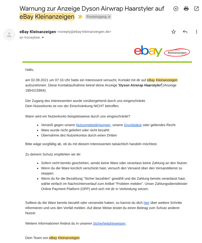 ebay Kleinanzeigen - E-Mail Warnung