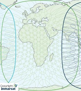 Satelliten-"Funkzellen" beispielhaft dargestellt, mit freundlicher Genehmigung von Inmarsat London